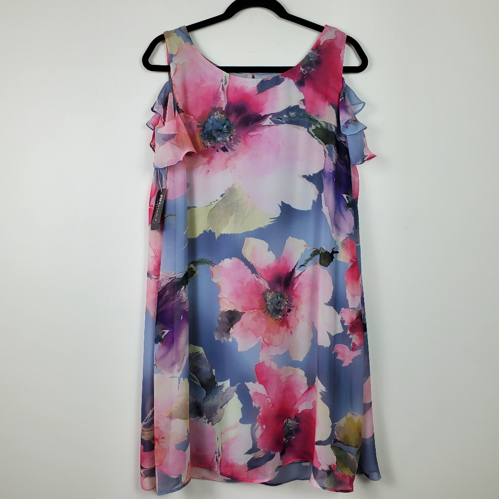Women's Grey Pink Floral Cold Shoulder Dress